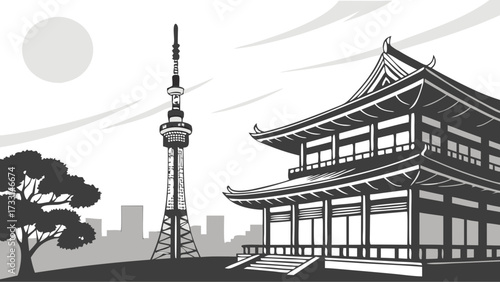 Tokyo skyline vector with the skytree, pagoda, and trees. Suitable for travel brochures, city guides, and tourist websites.