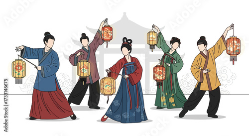 Traditional East Asian cultural festival dance with people in folk costumes holding lanterns. Festive celebration illustration.