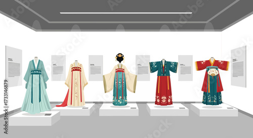 Traditional East Asian Garments Display. Cultural fashion exhibition of historical clothing on mannequins in a modern art museum setting.