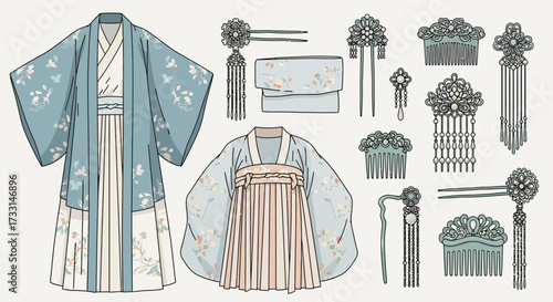 Traditional Chinese Hanfu fashion set with elegant robes, pleated skirts, and intricate hair accessories illustration