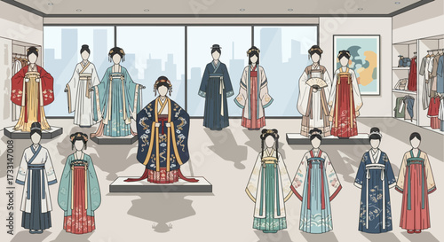 Hanfu fashion display in modern showroom. Traditional East Asian garments on mannequins, cultural heritage, contemporary setting with city skyline.