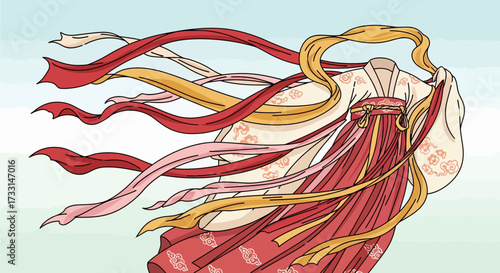 Graceful traditional East Asian attire with flowing ribbons, cultural fashion illustration