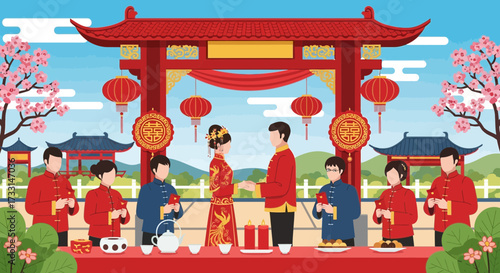 Traditional Chinese Wedding Ceremony Illustration. Asian Couple and Family Celebrating Marriage with Cultural Decor.