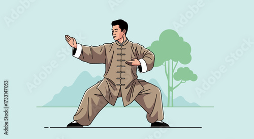 Man practicing Tai Chi in traditional attire. Chinese martial art for health, wellness, and mindfulness. Serene outdoor illustration.
