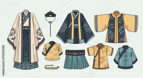 Traditional East Asian historical clothing and accessories illustration set. Ancient robes, jackets, and hat with cultural motifs.