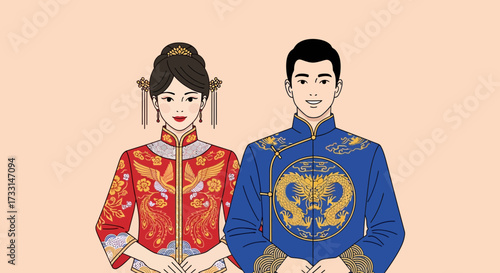 Traditional Chinese Wedding Couple Illustration. Asian Man and Woman in Cultural Attire for Marriage Celebration.