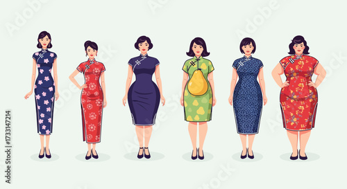 Diverse women in cheongsam dresses, showcasing various body types and cultural fashion. Traditional Asian attire illustration.