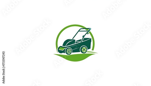 Green lawnmower icon within a circular green leaf design
