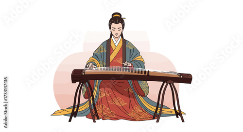 An illustration depicts a person in traditional Chinese clothing playing a guzheng, a stringed musical instrument, against a soft pink backdrop.