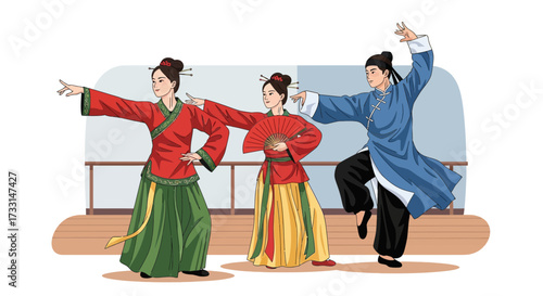Three individuals in traditional attire performing a graceful and coordinated dance routine.