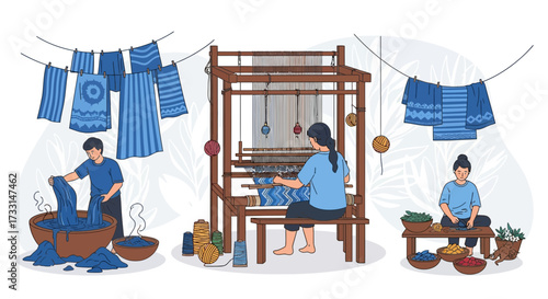 Illustration depicting textile artisans at work, dyeing, weaving, and preparing fabric for production.