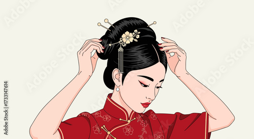 Illustration of a woman in a red cheongsam adjusting her traditional Chinese hairstyle with decorative hairpins.