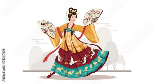 Elegant Chinese Woman in Traditional Hanfu Dress Dancing with Hand Fans, Cultural Performance Illustration