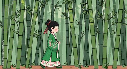 A young girl in traditional attire walks through a dense bamboo forest.