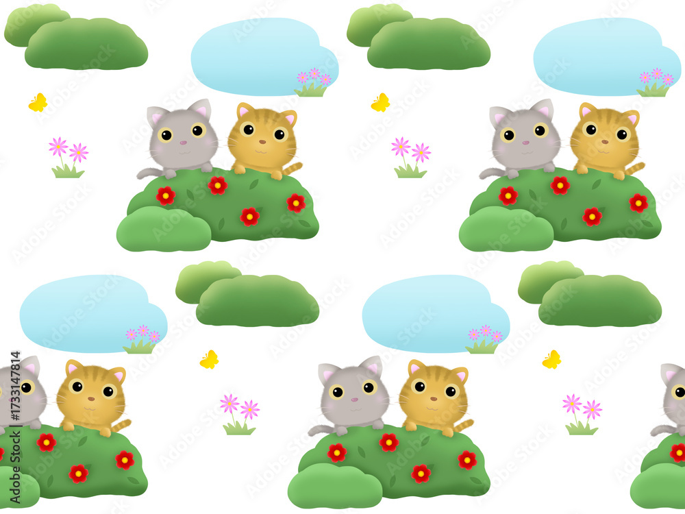 Obraz premium 草原のネコのシームレスパターン K-1'