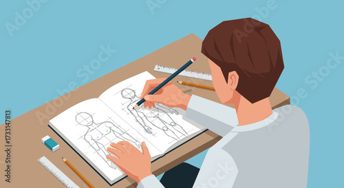 Creative Person Sketching Human Figures in a Notebook with Pencil, Practicing Art, Anatomy, or Fashion Design Skills