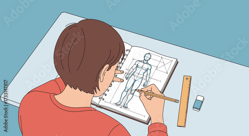 Person drawing human anatomy diagram on paper with pencil.