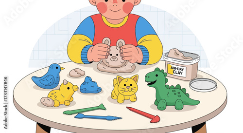 Child creating animal figures with modeling clay on a table.