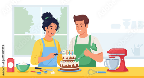 Couple decorating a birthday cake together in a kitchen.