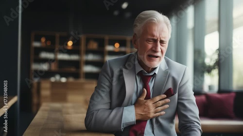 Elderly Man Clutching Chest in Distress senior businessman