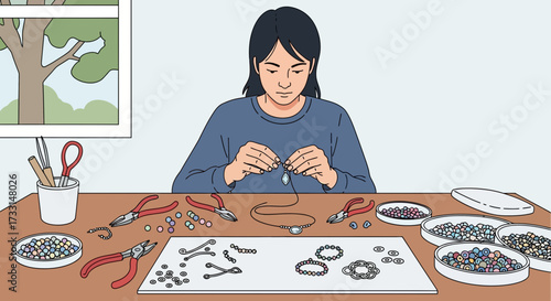Woman crafting jewelry with beads and wire at a wooden table.