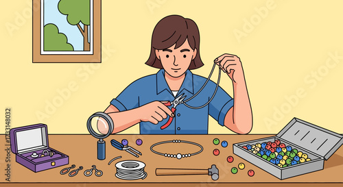 Woman crafting jewelry at a wooden table with various beads and tools.