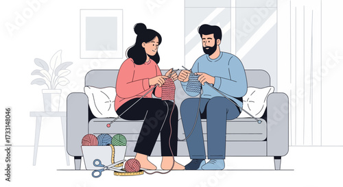 Couple sitting on sofa together knitting yarn.