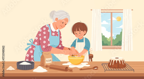 Grandmother and grandchild baking together in a cozy kitchen.