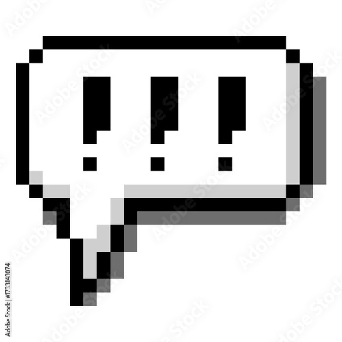 Pixel triple exclamation mark in bubble speech vector. Ideal for warning, excitement, and communication themes. This modern, digital icon emphasizes a message with a pixelated aesthetic.
