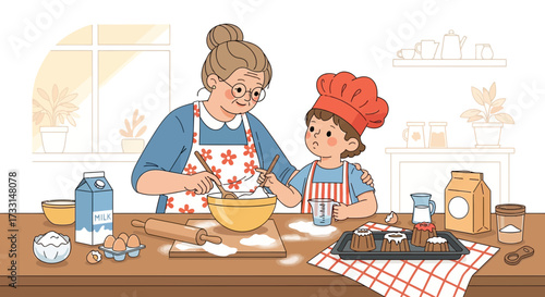 Mother and daughter cooking together in a cozy kitchen.