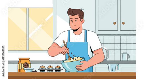 Man Baking Muffins in Kitchen. Happy Guy in Apron Mixing Batter. Home Cooking Hobby & Domestic Life Illustration.