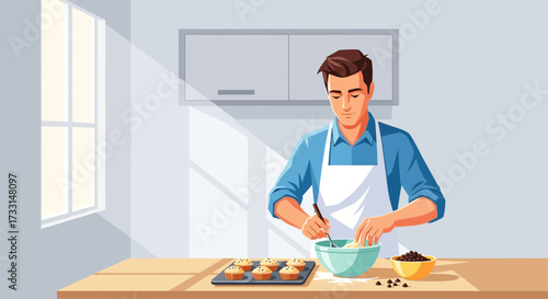Man baking muffins in a bright kitchen, stirring batter. Home cooking and hobby illustration.