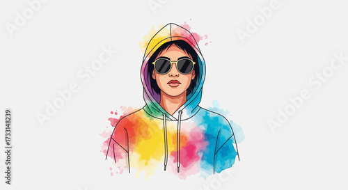 Vibrant Watercolor Hoodie Illustration of a Young Woman with Sunglasses
