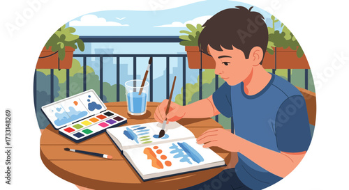 Boy painting watercolors on balcony with city view, creative hobby