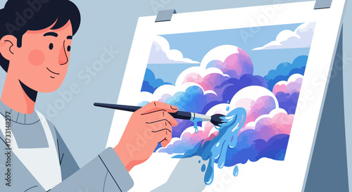 Creative person painting vibrant, whimsical clouds on canvas with a brush, art illustration