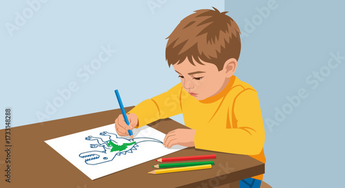 Little Boy Coloring a Drawing with Pencils. Focused Child Engaged in Creative Art Activity.