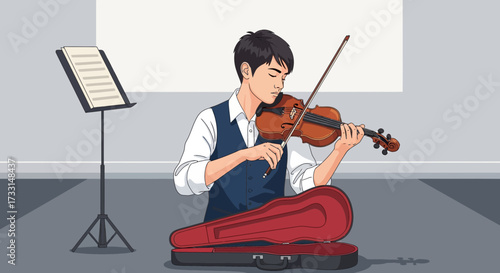 Young man sitting on floor playing violin with music stand nearby.