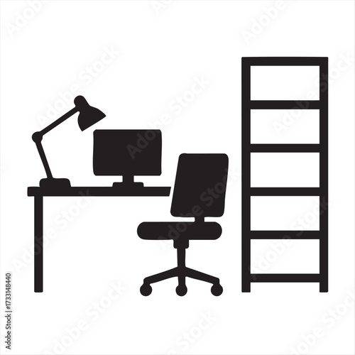 Vector cartoon illustration of an office worker sitting on a chair at a desk with a computer and laptop in the interior of a business room
