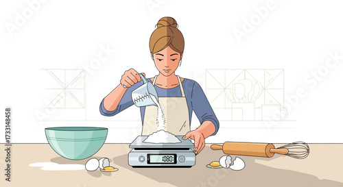 Woman measuring flour for baking in the kitchen.