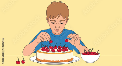 A young boy decorating a cheesecake with cherries.