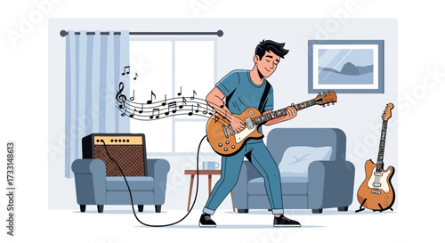 Man playing electric guitar in a living room with musical notes emanating from the amplifier.
