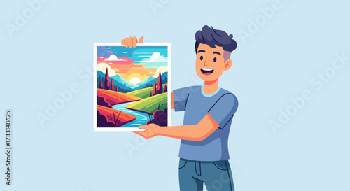 Cartoon man holding a colorful landscape painting with a joyful expression.