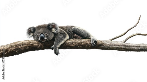 Koala bear resting on a branch isolated on white background