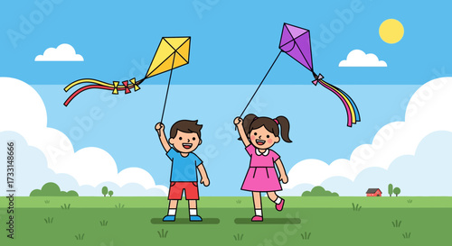 Children Running and Flying Colorful Kites in a Sunny Field.