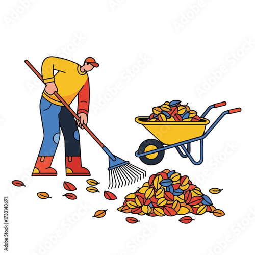 Illustration of a man raking colorful autumn leaves into a yellow wheelbarrow on a white background with a pile of leaves.