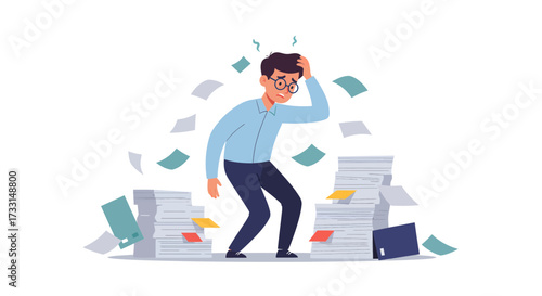 Overwhelmed Man Surrounded by Paperwork and Documents.