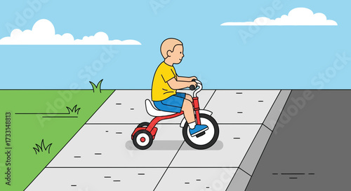 A young boy riding a red tricycle on a sidewalk.