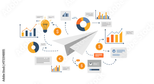 Wallpaper Mural Paper Airplane Surrounded by Business and Financial Charts and Icons. Torontodigital.ca