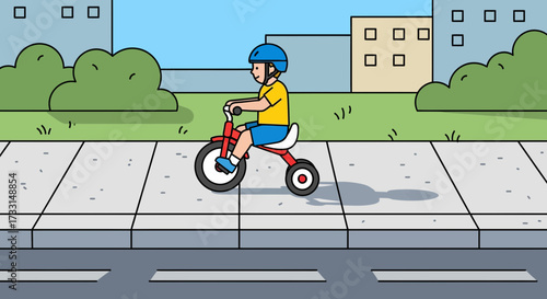 A young child riding a bicycle on a sidewalk in a suburban area.