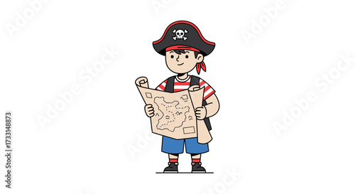 Cartoon pirate boy holding a treasure map and standing against a white background.